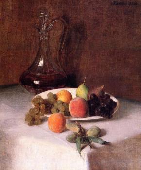 Henri Fantin-Latour : A Carafe of Wine and Plate of Fruit on a White Tablecloth